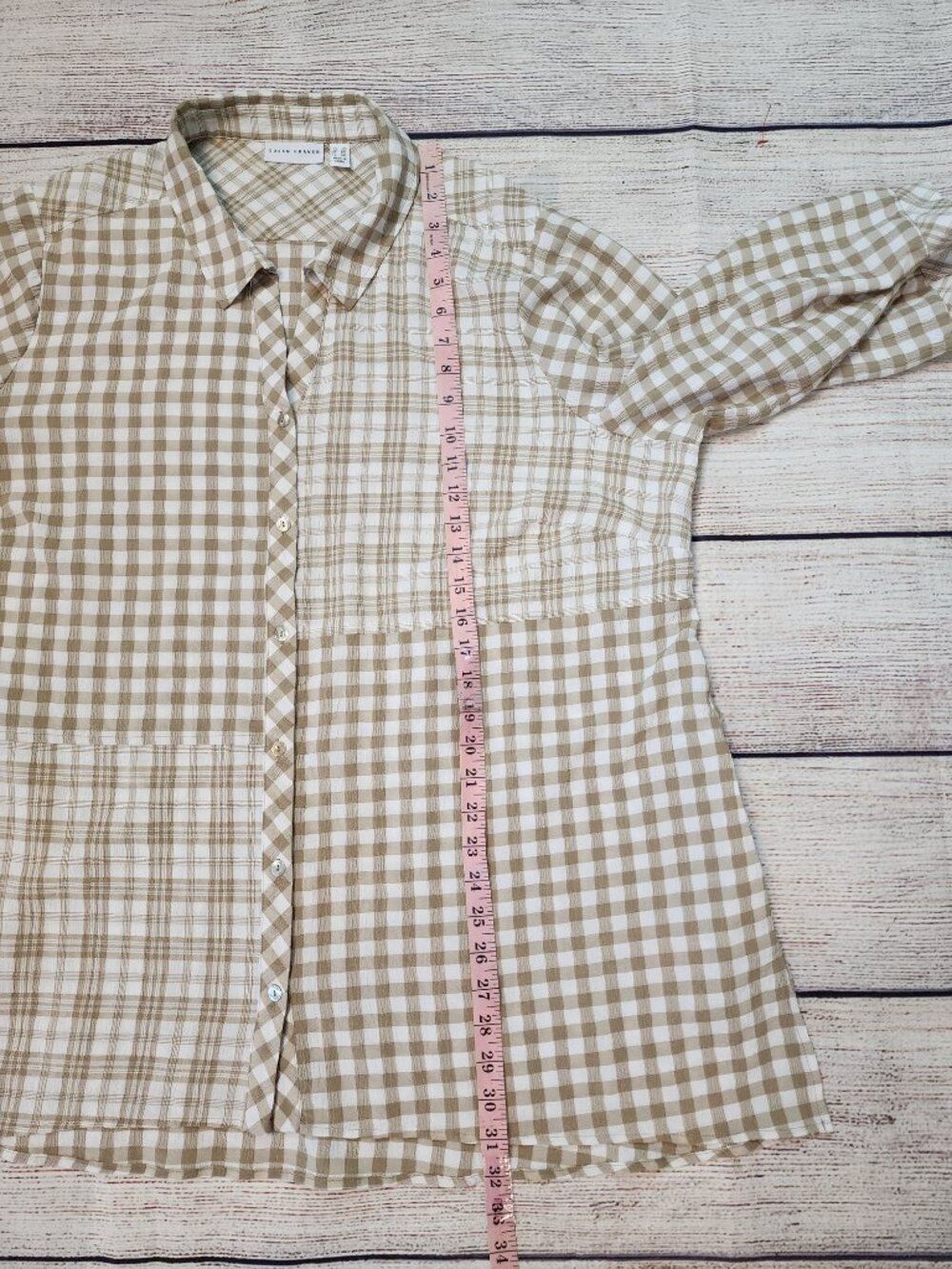 Susan Graver 2XL Yarn Dyed Gingham Button Front Shirt Tunic Raffia Tan Patchwork - Picture 12 of 12